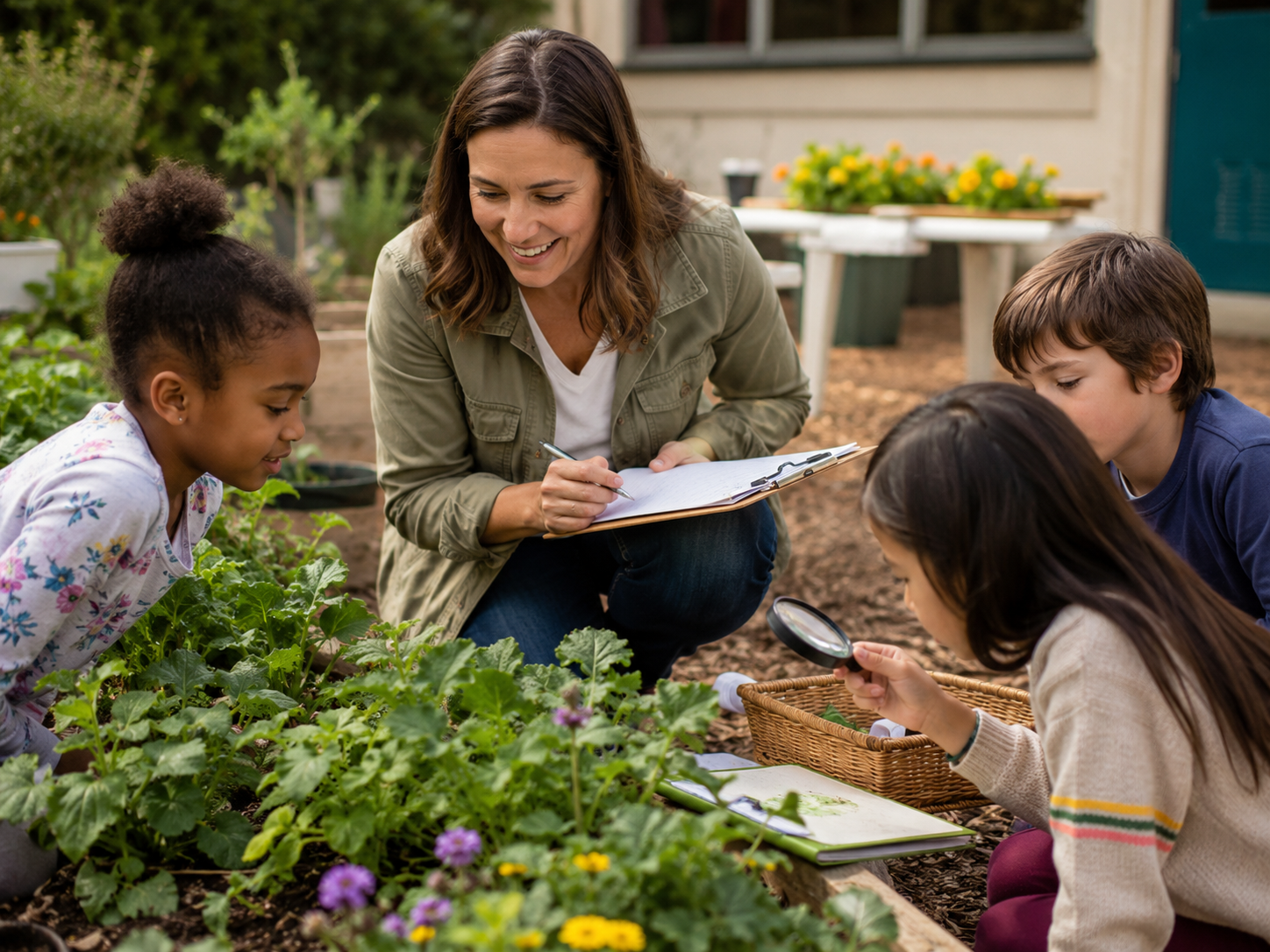 Teacher guiding students through outdoor science exploration